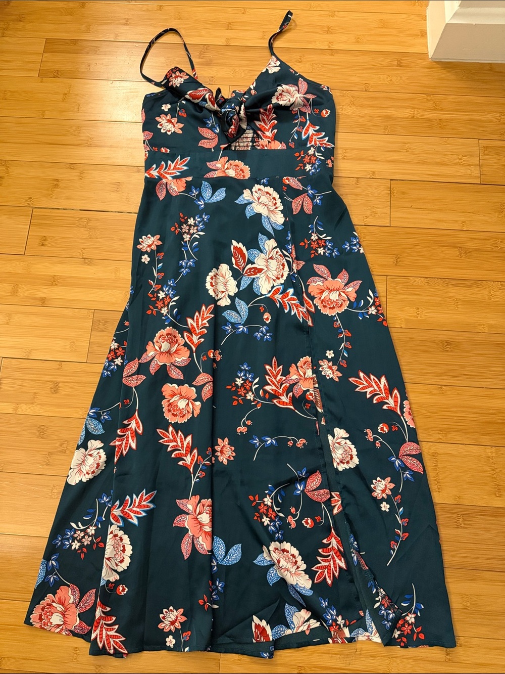 Floral Tie-Front Teal Sundress - Women's